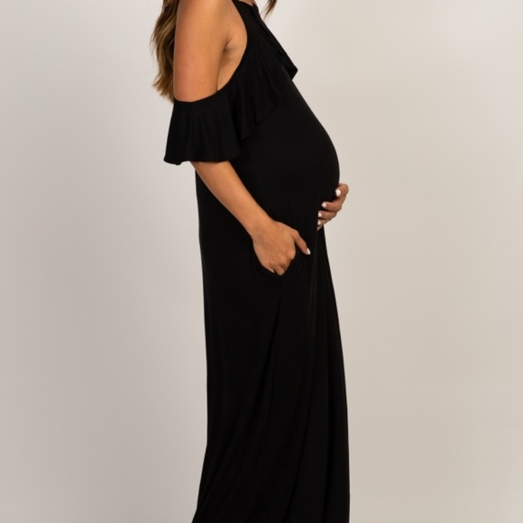 Black Ruffle Trim Open Shoulder Maternity Maxi - Picture 2 of 2